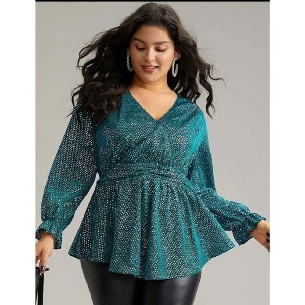 Bloom Chic Size 12 Large Sequin Wrap Ruffle Ruched Lantern Sleeve Blouse Top NWT